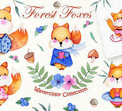 31张高清背景透明的北欧风水彩小狐狸/蘑菇/叶子/花朵PNG图片：Watercolor Foxes Collection